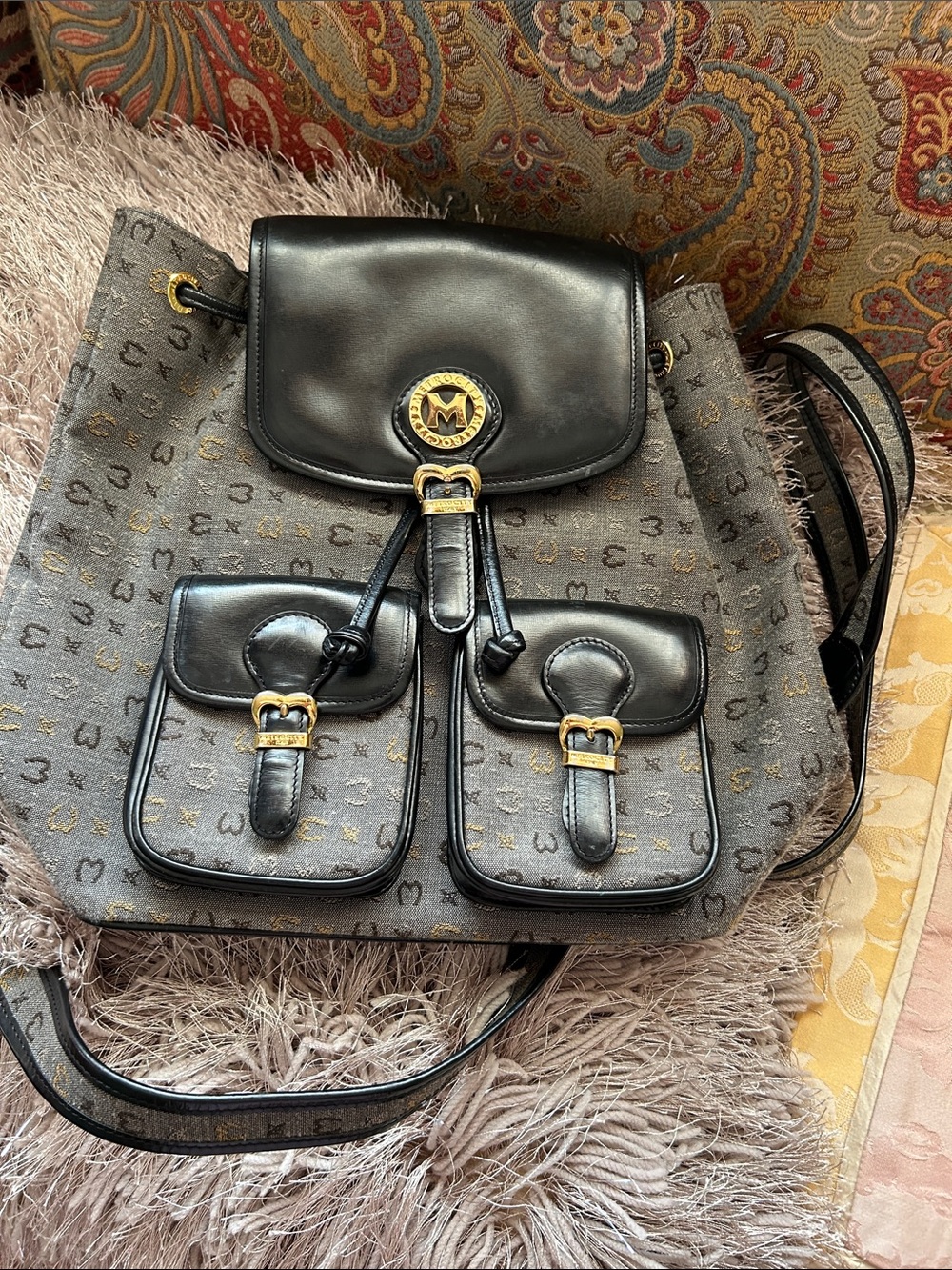 MK Logo Canvas Backpack with Black Leather Flap